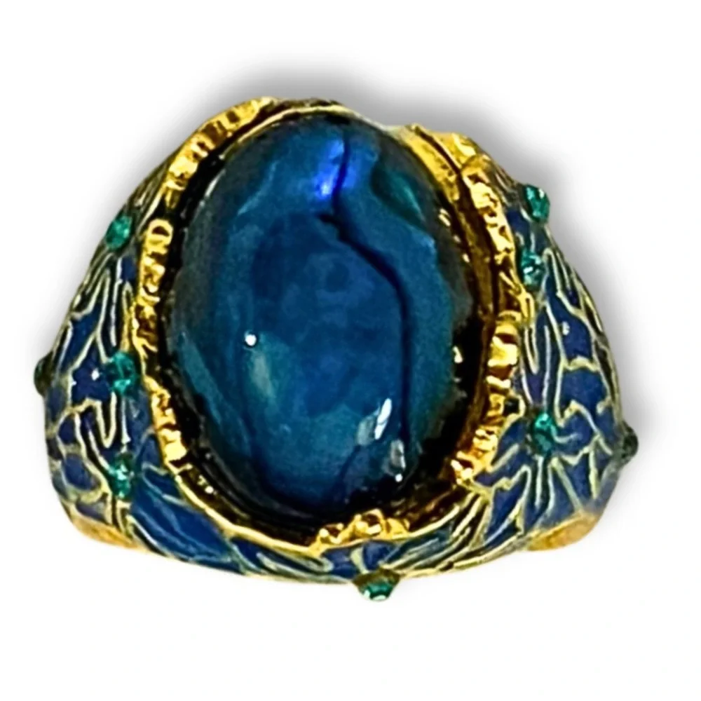 EXQUISITE BLUE STONE DOME RING Y2K Artsy Boho Gold Blue Rhinestone Chips SZ6
